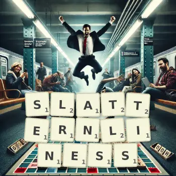 Creative illustration for a Scrabble game with the word SLATTERNLINESS spelled out in tiles on the board.