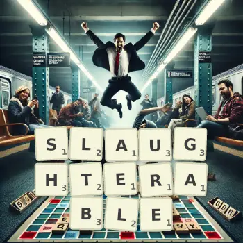 Creative illustration for a Scrabble game with the word SLAUGHTERABLE spelled out in tiles on the board.