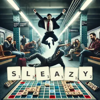 Creative illustration for a Scrabble game with the word SLEAZY spelled out in tiles on the board.