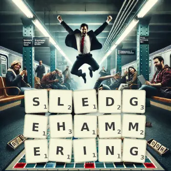 Creative illustration for a Scrabble game with the word SLEDGEHAMMERING spelled out in tiles on the board.