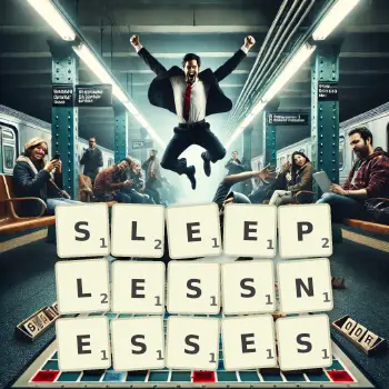 Creative illustration for a Scrabble game with the word SLEEPLESSNESSES spelled out in tiles on the board.