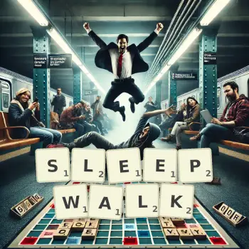 Creative illustration for a Scrabble game with the word SLEEPWALK spelled out in tiles on the board.