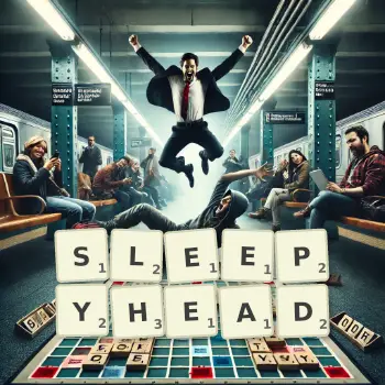 Creative illustration for a Scrabble game with the word SLEEPYHEAD spelled out in tiles on the board.