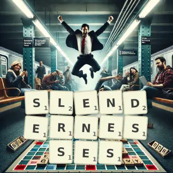 Creative illustration for a Scrabble game with the word SLENDERNESSES spelled out in tiles on the board.