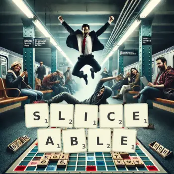 Creative illustration for a Scrabble game with the word SLICEABLE spelled out in tiles on the board.