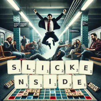 Creative illustration for a Scrabble game with the word SLICKENSIDE spelled out in tiles on the board.