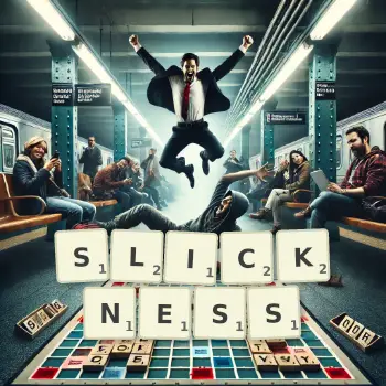 Creative illustration for a Scrabble game with the word SLICKNESS spelled out in tiles on the board.