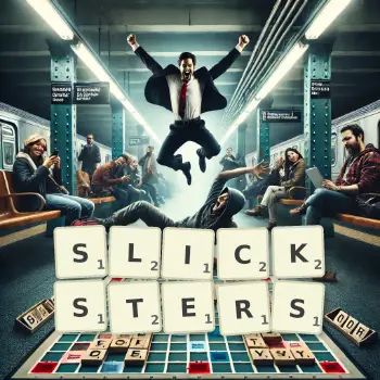 Creative illustration for a Scrabble game with the word SLICKSTERS spelled out in tiles on the board.