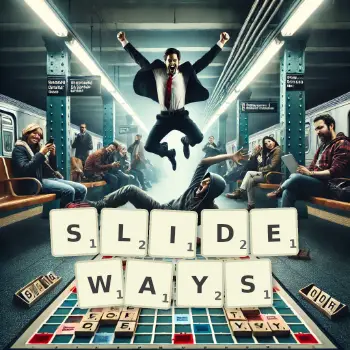 Creative illustration for a Scrabble game with the word SLIDEWAYS spelled out in tiles on the board.