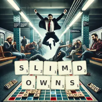 Creative illustration for a Scrabble game with the word SLIMDOWNS spelled out in tiles on the board.