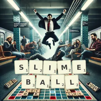 Creative illustration for a Scrabble game with the word SLIMEBALL spelled out in tiles on the board.