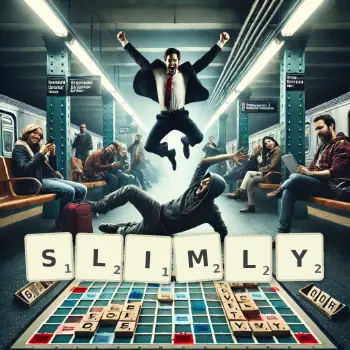 Creative illustration for a Scrabble game with the word SLIMLY spelled out in tiles on the board.