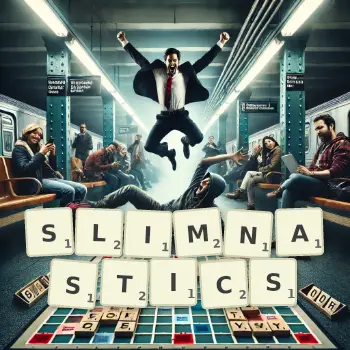 Creative illustration for a Scrabble game with the word SLIMNASTICS spelled out in tiles on the board.