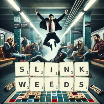 Creative illustration for a Scrabble game with the word SLINKWEEDS spelled out in tiles on the board.