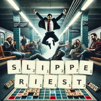 Creative illustration for a Scrabble game with the word SLIPPERIEST spelled out in tiles on the board.