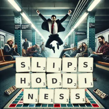 Creative illustration for a Scrabble game with the word SLIPSHODDINESS spelled out in tiles on the board.