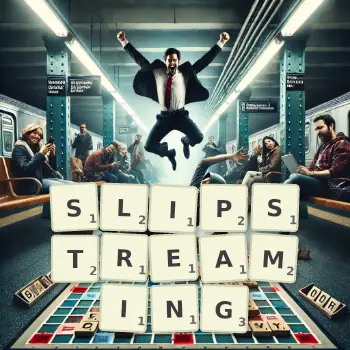 Creative illustration for a Scrabble game with the word SLIPSTREAMING spelled out in tiles on the board.