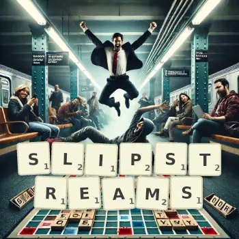 Creative illustration for a Scrabble game with the word SLIPSTREAMS spelled out in tiles on the board.