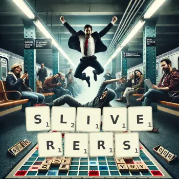 Creative illustration for a Scrabble game with the word SLIVERERS spelled out in tiles on the board.