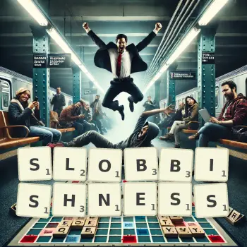 Creative illustration for a Scrabble game with the word SLOBBISHNESS spelled out in tiles on the board.