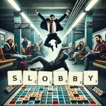 Creative illustration for a Scrabble game with the word SLOBBY spelled out in tiles on the board.