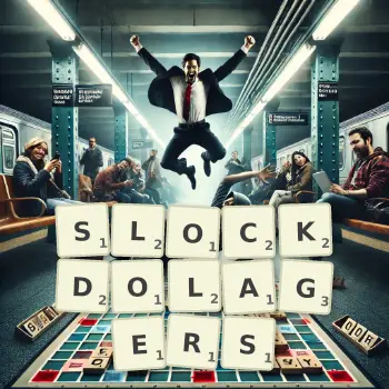 Creative illustration for a Scrabble game with the word SLOCKDOLAGERS spelled out in tiles on the board.