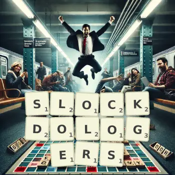 Creative illustration for a Scrabble game with the word SLOCKDOLOGERS spelled out in tiles on the board.