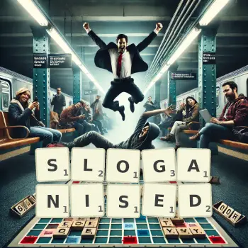 Creative illustration for a Scrabble game with the word SLOGANISED spelled out in tiles on the board.