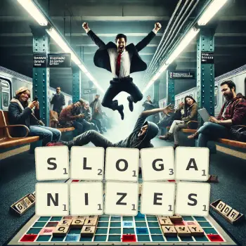 Creative illustration for a Scrabble game with the word SLOGANIZES spelled out in tiles on the board.