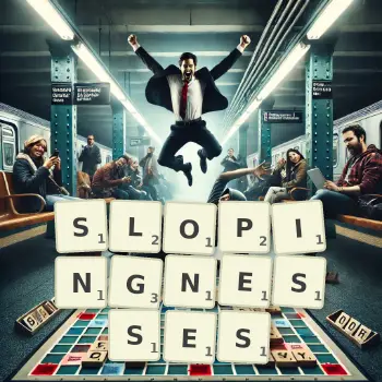 Creative illustration for a Scrabble game with the word SLOPINGNESSES spelled out in tiles on the board.