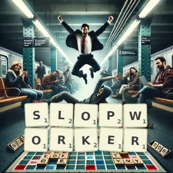 Creative illustration for a Scrabble game with the word SLOPWORKER spelled out in tiles on the board.