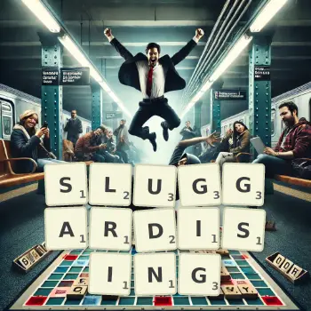 Creative illustration for a Scrabble game with the word SLUGGARDISING spelled out in tiles on the board.