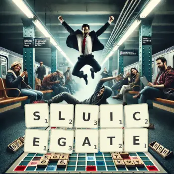 Creative illustration for a Scrabble game with the word SLUICEGATE spelled out in tiles on the board.