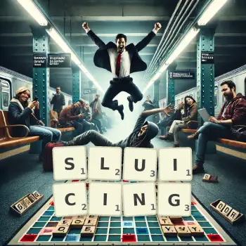 Creative illustration for a Scrabble game with the word SLUICING spelled out in tiles on the board.