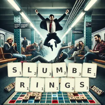 Creative illustration for a Scrabble game with the word SLUMBERINGS spelled out in tiles on the board.