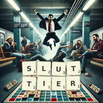 Creative illustration for a Scrabble game with the word SLUTTIER spelled out in tiles on the board.