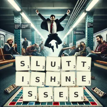 Creative illustration for a Scrabble game with the word SLUTTISHNESSES spelled out in tiles on the board.