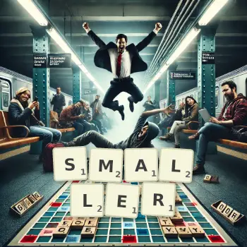 Creative illustration for a Scrabble game with the word SMALLER spelled out in tiles on the board.