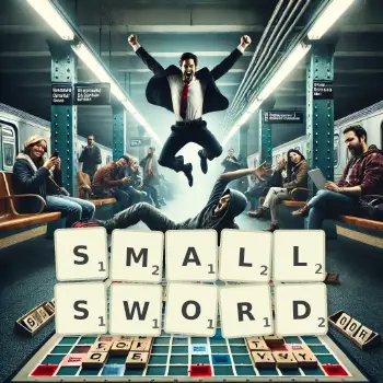 Creative illustration for a Scrabble game with the word SMALLSWORD spelled out in tiles on the board.