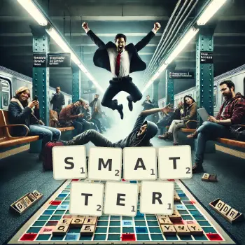 Creative illustration for a Scrabble game with the word SMATTER spelled out in tiles on the board.