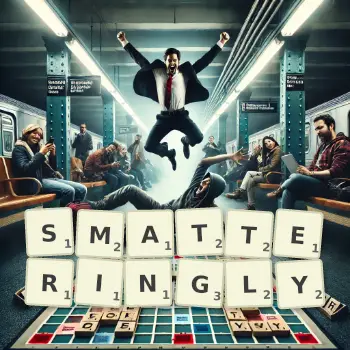 Creative illustration for a Scrabble game with the word SMATTERINGLY spelled out in tiles on the board.