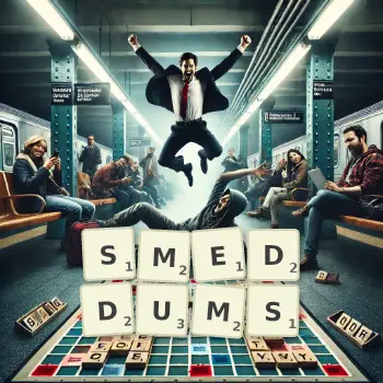 Creative illustration for a Scrabble game with the word SMEDDUMS spelled out in tiles on the board.
