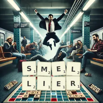 Creative illustration for a Scrabble game with the word SMELLIER spelled out in tiles on the board.
