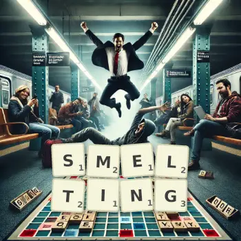 Creative illustration for a Scrabble game with the word SMELTING spelled out in tiles on the board.