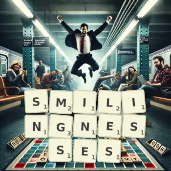 Creative illustration for a Scrabble game with the word SMILINGNESSES spelled out in tiles on the board.
