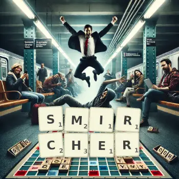 Creative illustration for a Scrabble game with the word SMIRCHER spelled out in tiles on the board.
