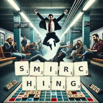 Creative illustration for a Scrabble game with the word SMIRCHING spelled out in tiles on the board.