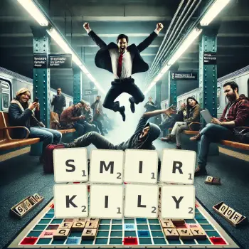 Creative illustration for a Scrabble game with the word SMIRKILY spelled out in tiles on the board.
