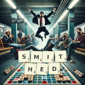Creative illustration for a Scrabble game with the word SMITHED spelled out in tiles on the board.