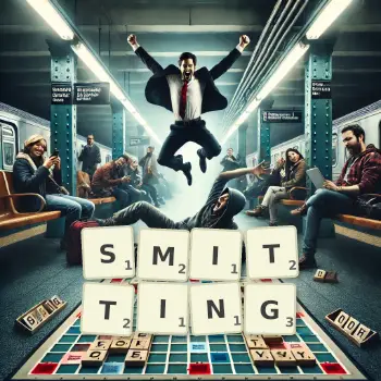Creative illustration for a Scrabble game with the word SMITTING spelled out in tiles on the board.